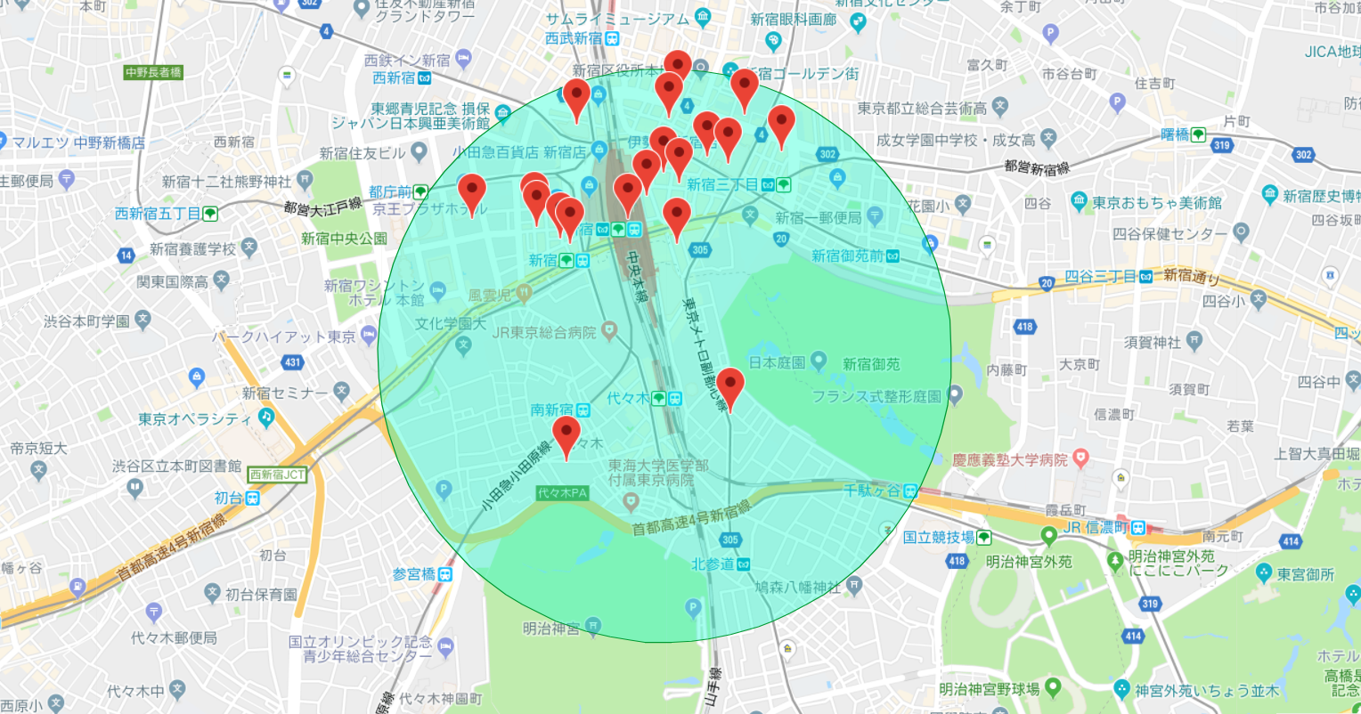 Google Maps Apiで現在地のスポット情報をマーカーで示すサンプル
